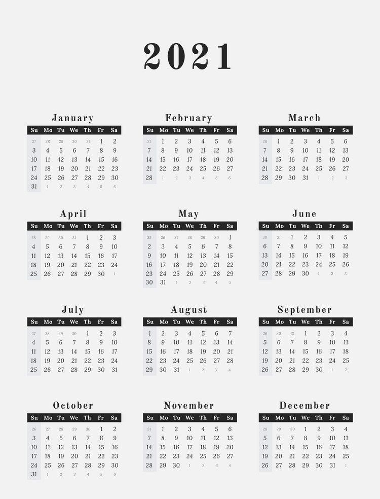 Free 12 Month Word Calendar Template 2021 : Free Printable