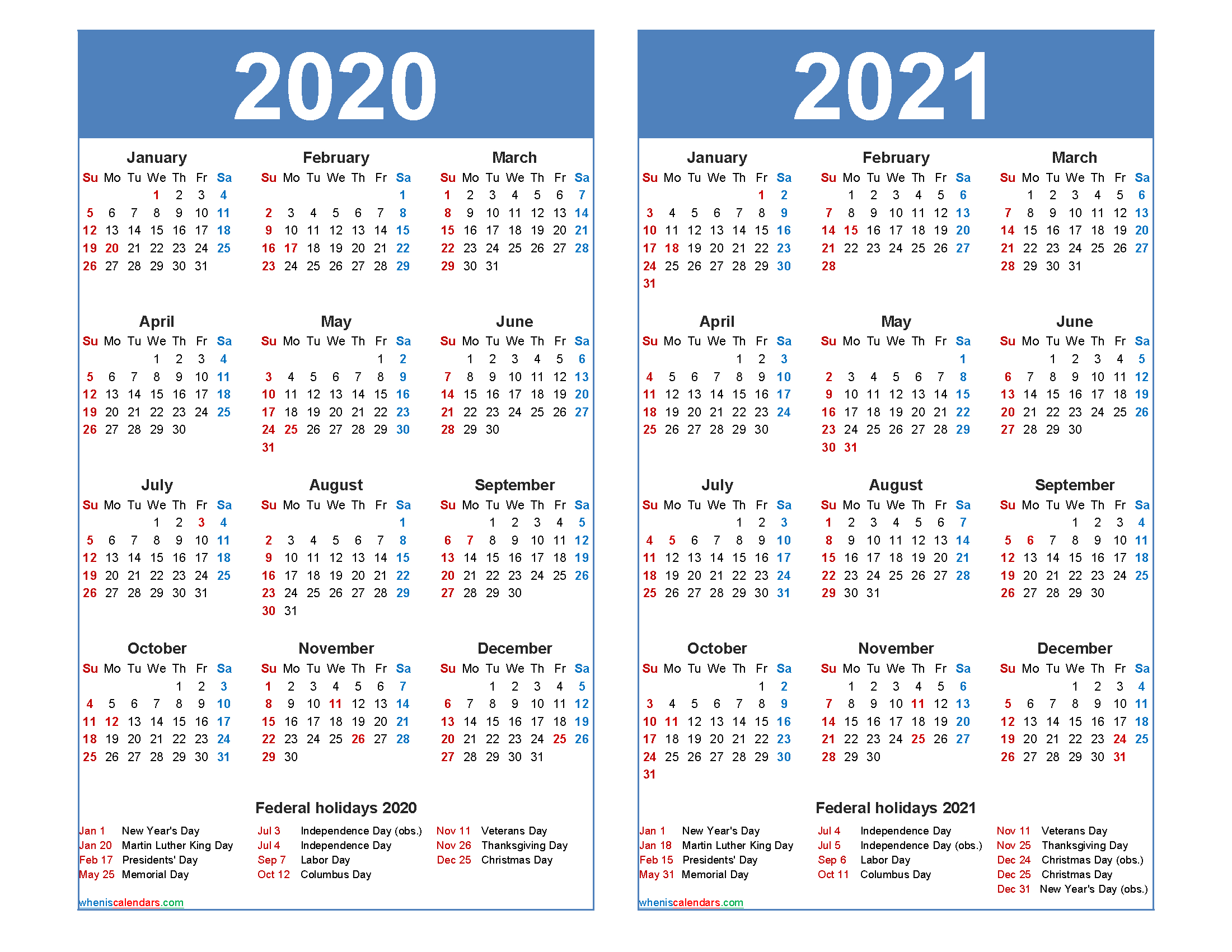 Free 2020 2021 Calendar Printable With Holidays - Free