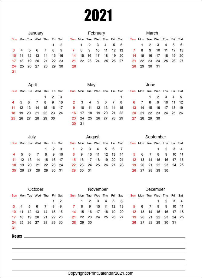 Calendar 2021 Free Printable With Note Space | Calendar Printables Free ...