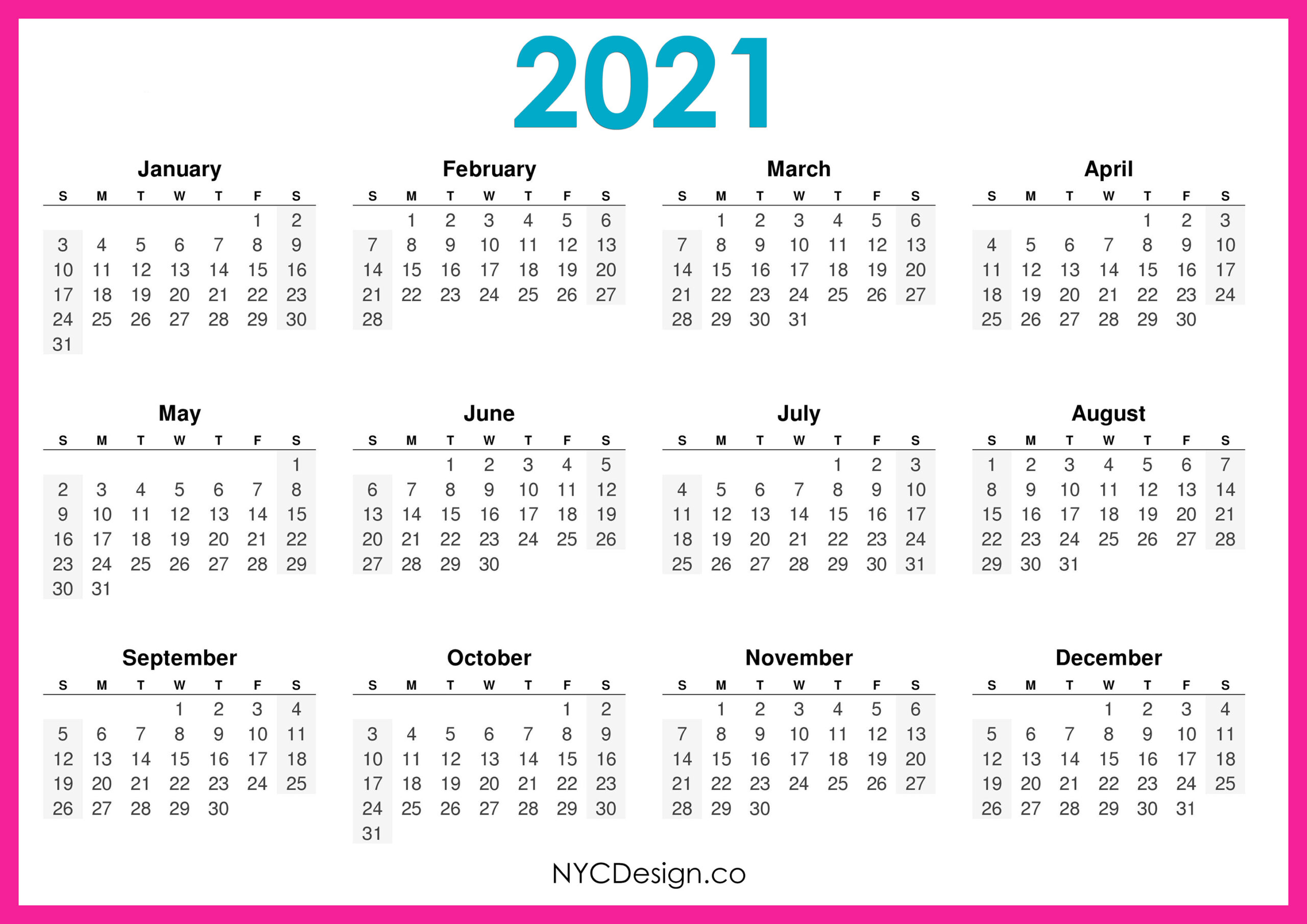 Free 2021 Yearly Calender Template  12 Month Colorful