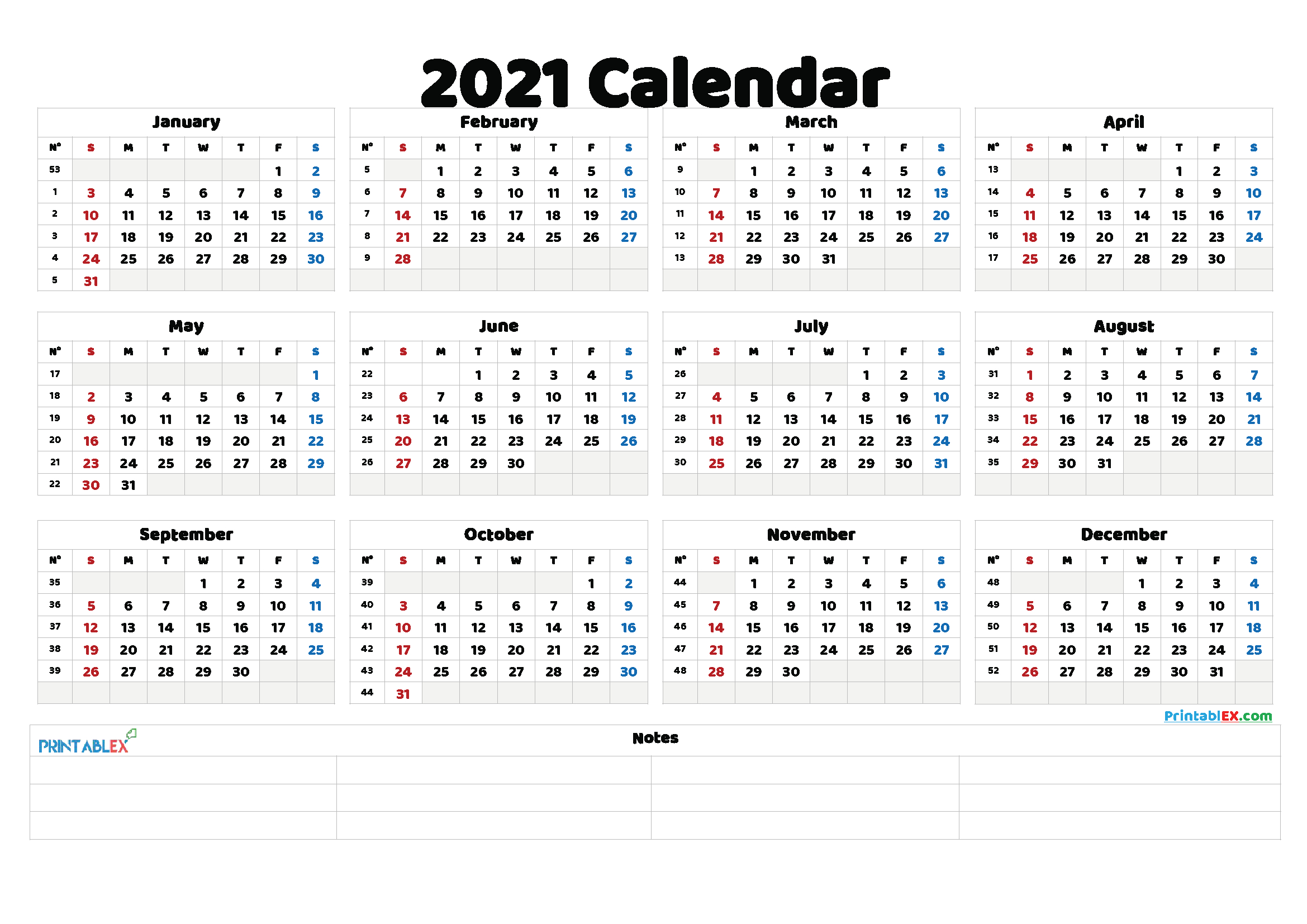 2021 Year Calendar Printable