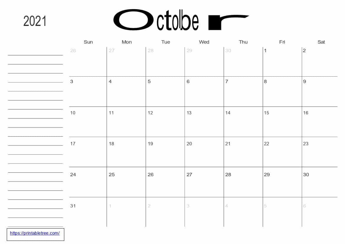 Free Download October 2021 Printable Calendar Pdf Templates