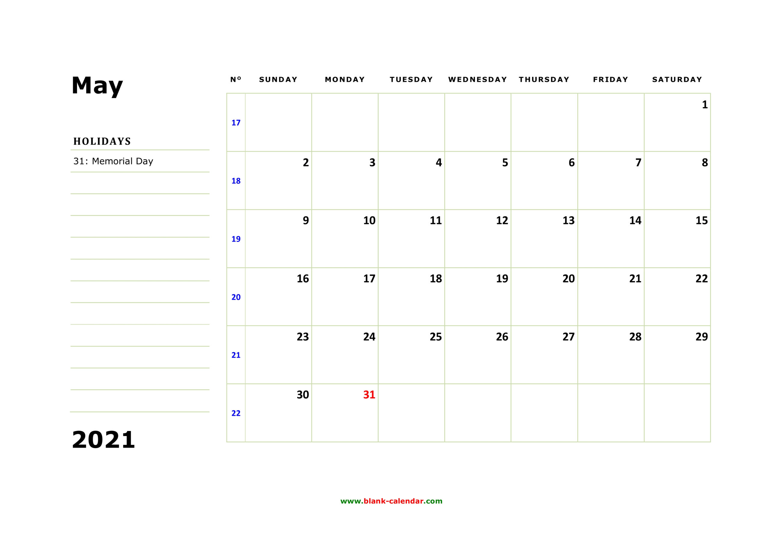 Free Download Printable May 2021 Calendar Large Box