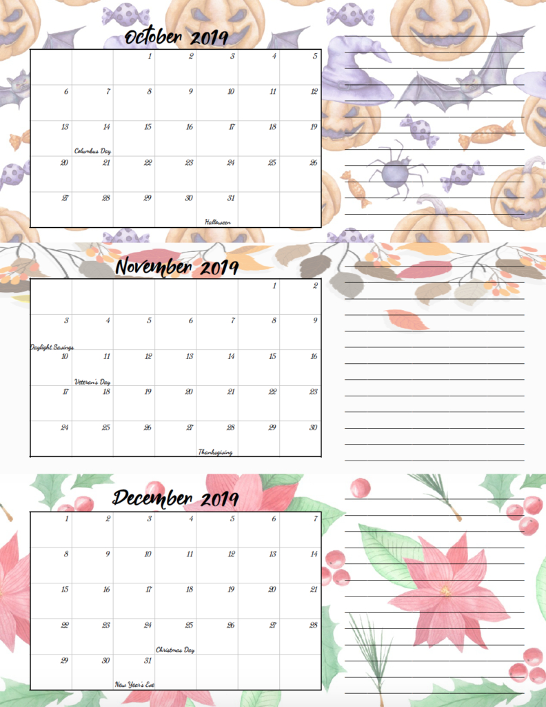 Free Printable 2019 Quarterly Calendars With Holidays: 3 Designs