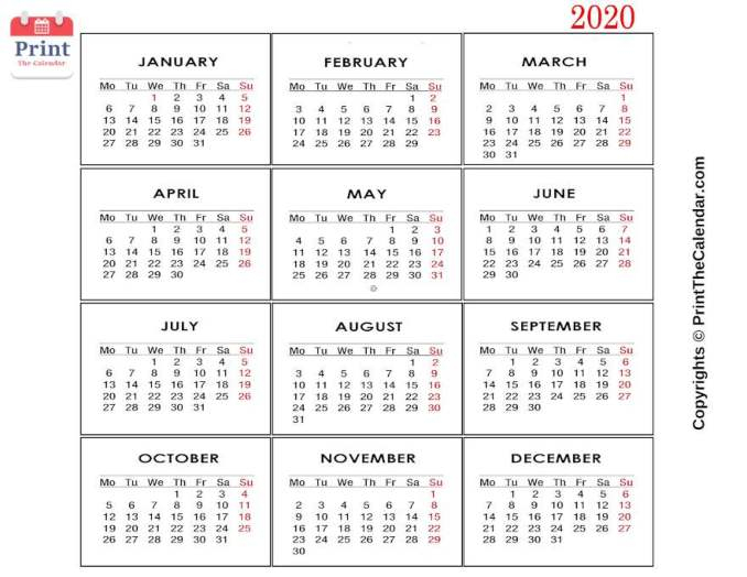 [Free] Printable 2020 Calendar Templates