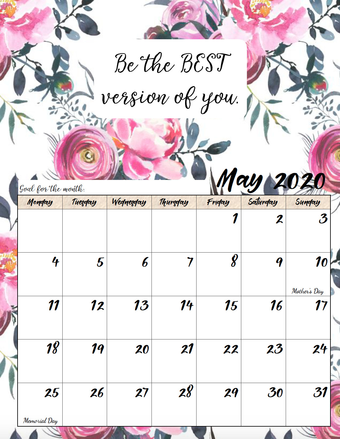 Free Printable 2020 Monday Start Monthly Motivational Calendar