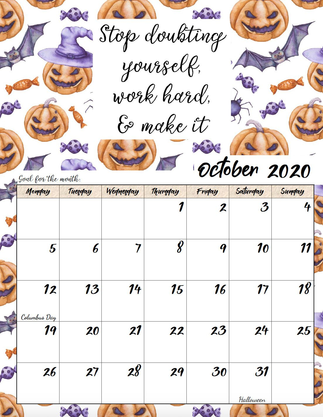 Free Printable 2020 Monday Start Monthly Motivational Calendars | Diy Calendar Free Printables