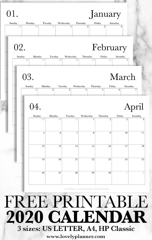 Free Printable 2020 Monthly Calendar - Classic | Printable