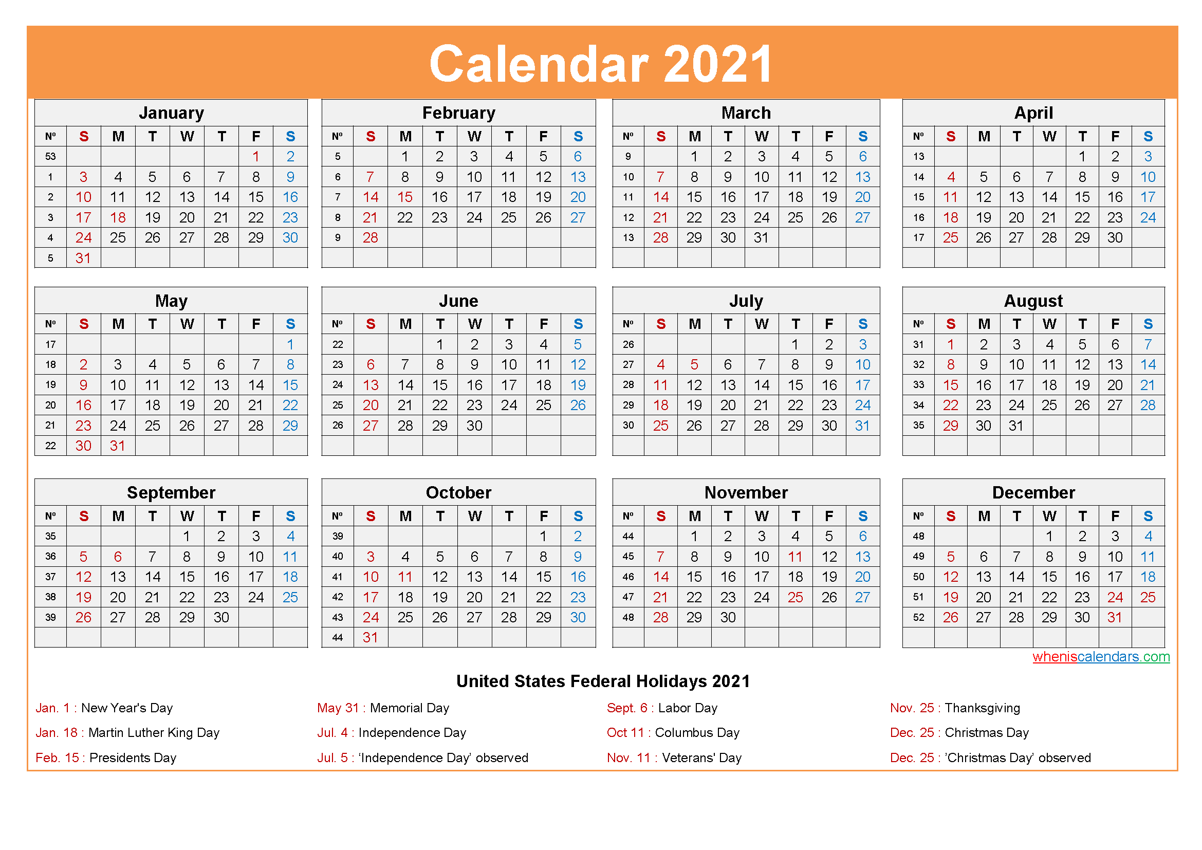 Free Printable 2021 Calendar With Holidays As Word Pdf