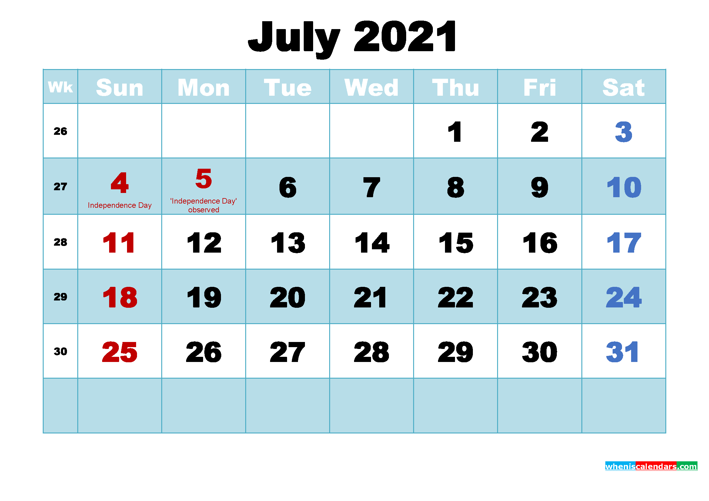 Free Printable July 2021 Calendar With Holidays As Word