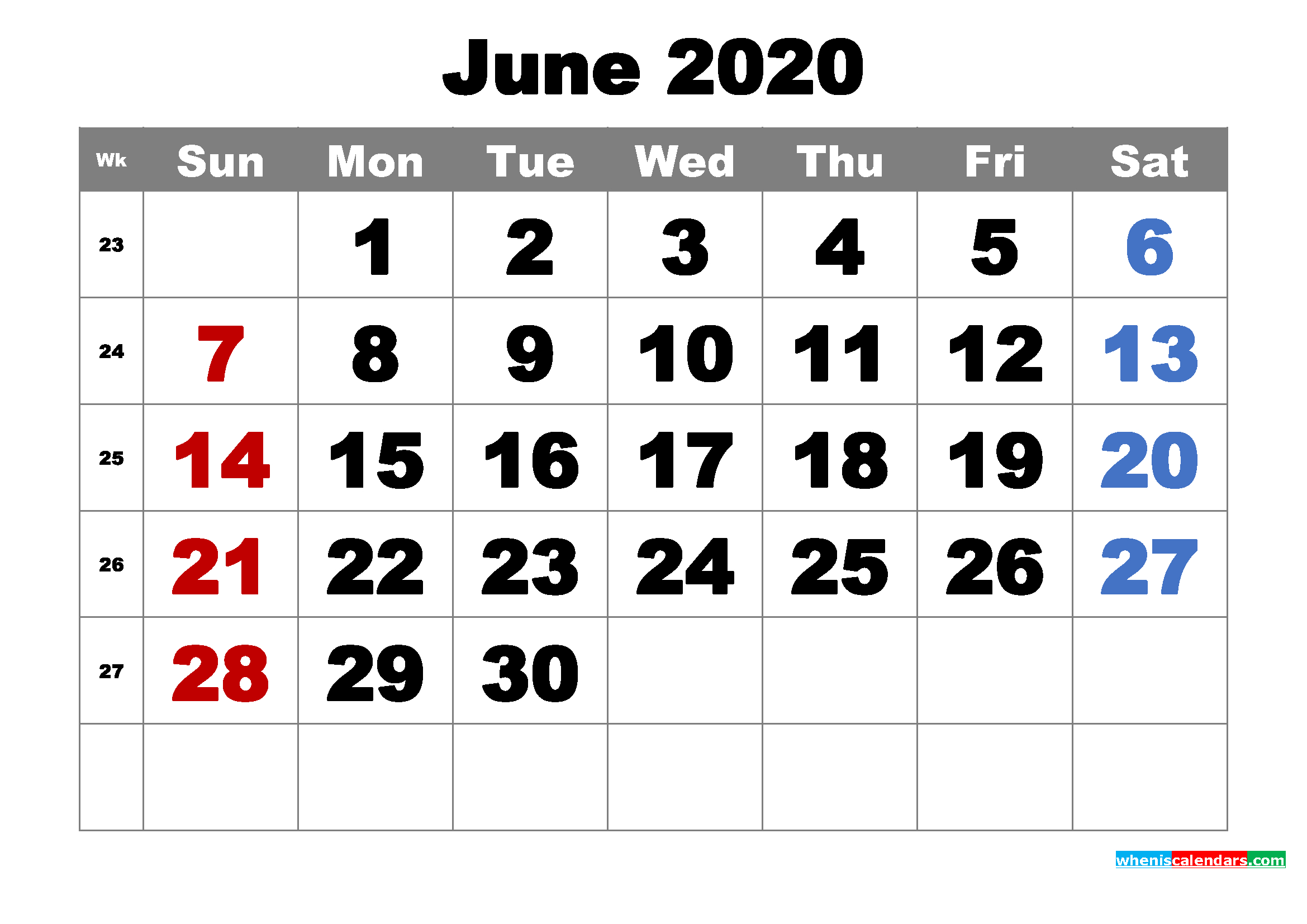 Free Printable June 2020 Calendar Word Pdf Image