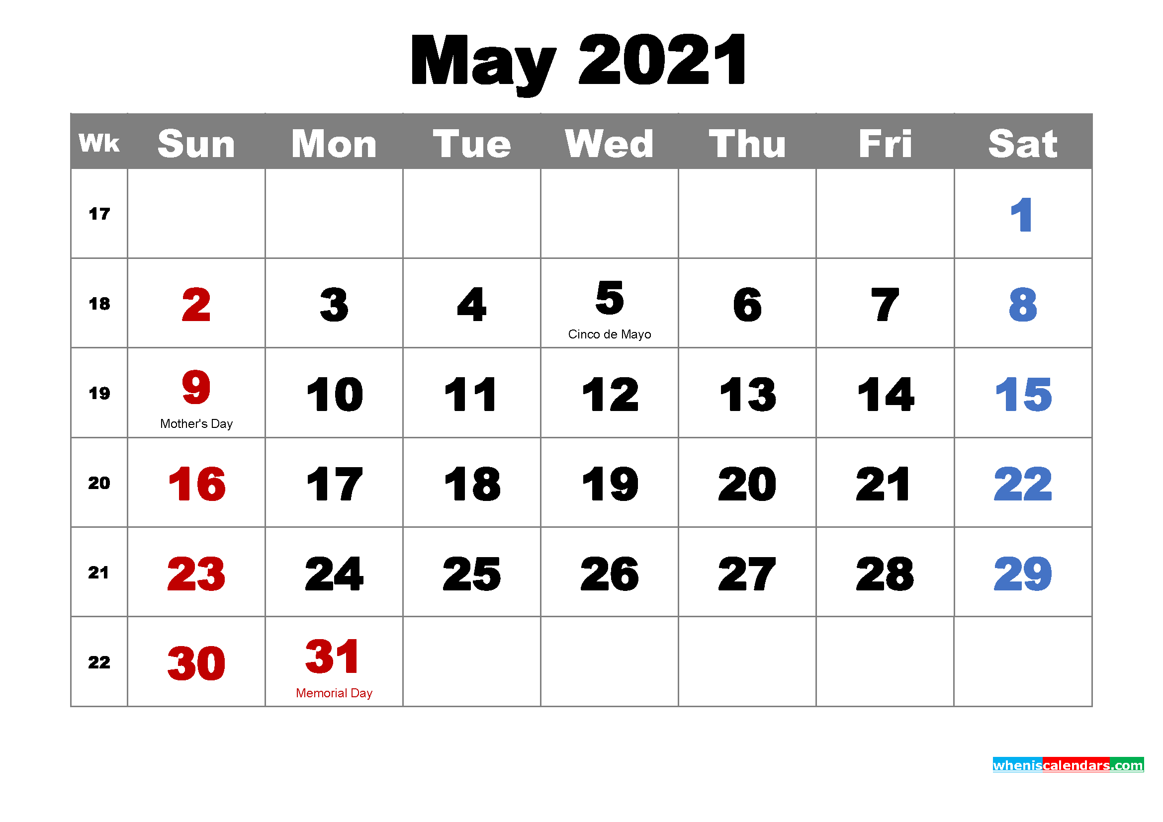 Free Printable May 2021 Calendar With Holidays As Word Pdf