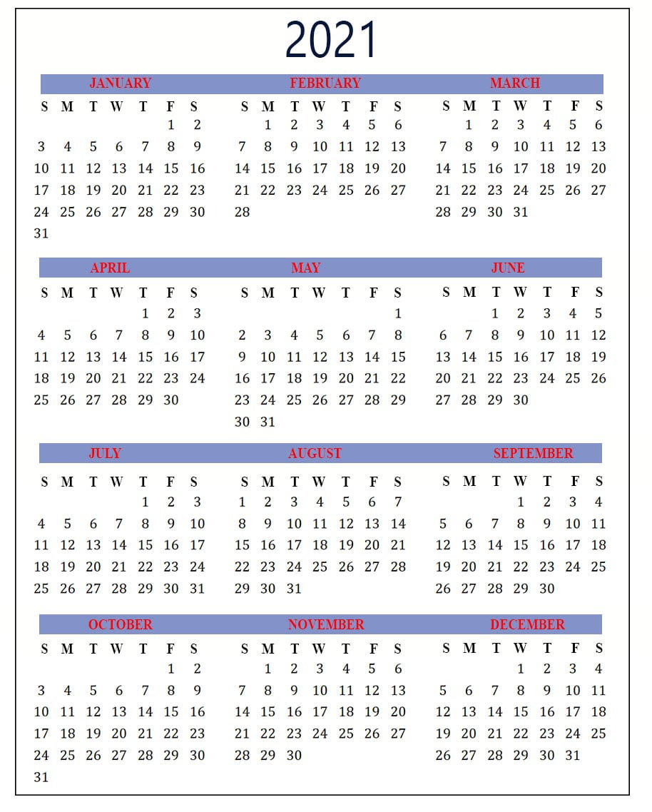 Free Yearly 2021 Calendar Template