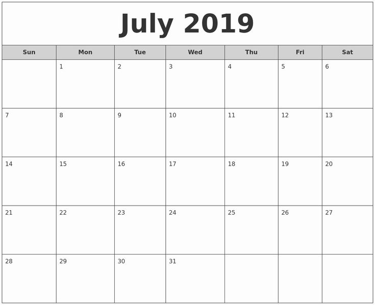 July 2019 Calendar Free Printable Pdf Word Excel Landscape