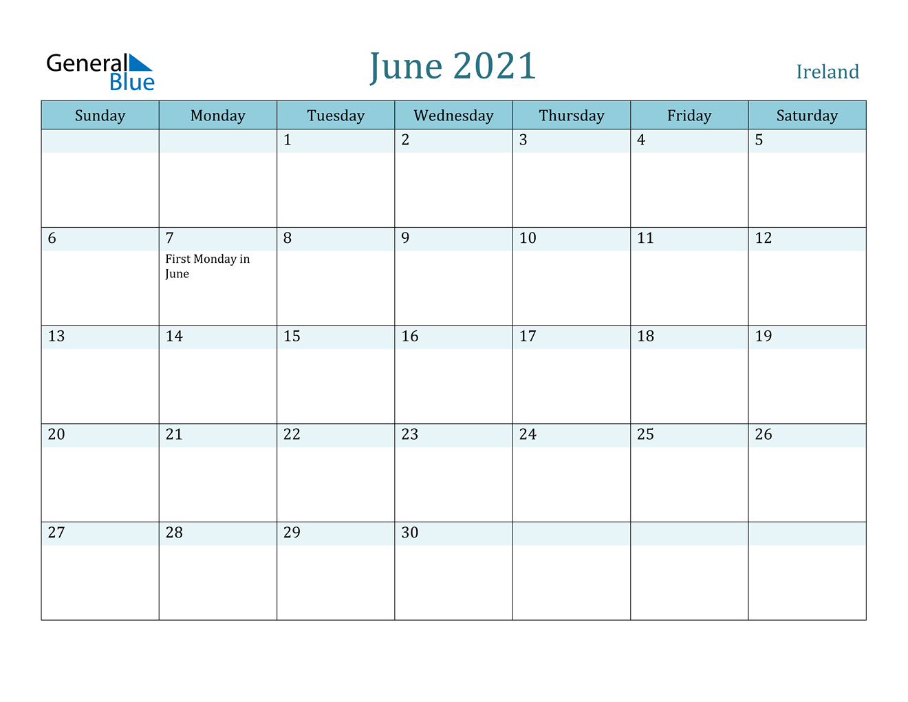 June 2021 Calendar - Ireland