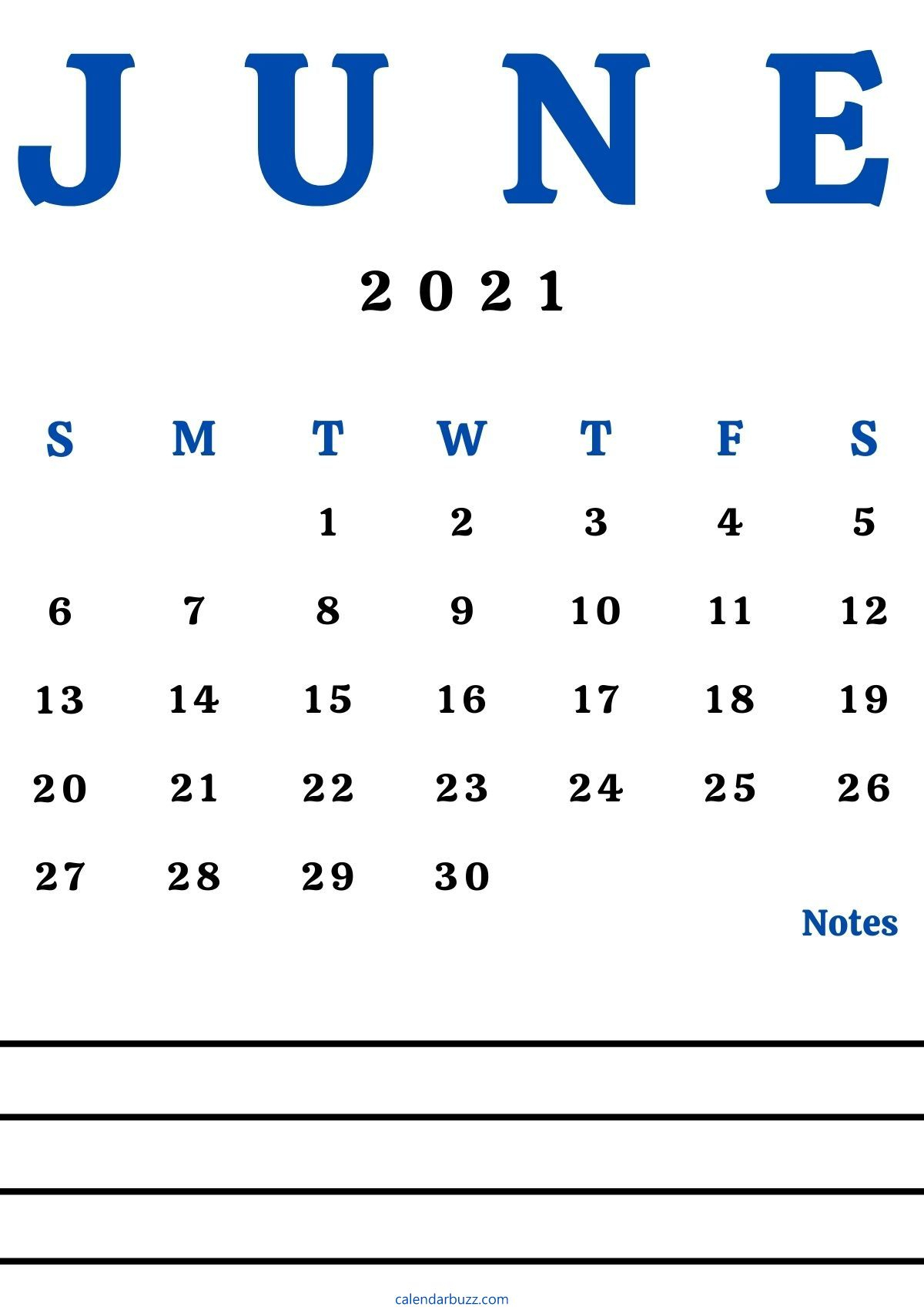 June 2021 Calendar With Space For Notes Free Download