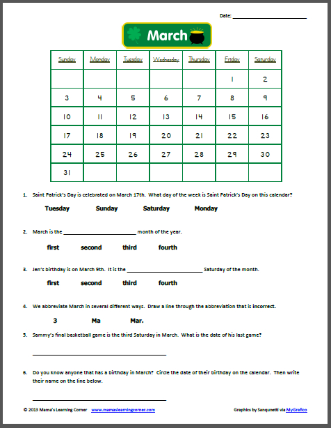 March Calendar Worksheet - Mamas Learning Corner