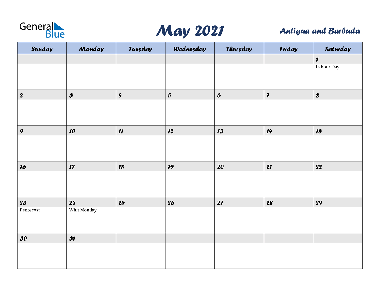 May 2021 Calendar - Antigua And Barbuda