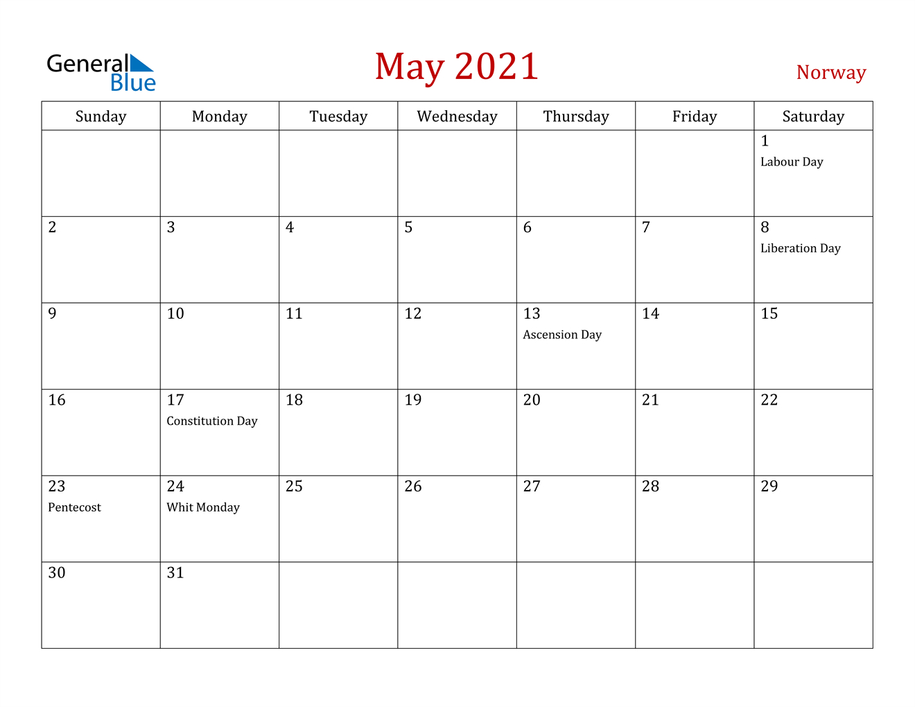 May 2021 Calendar - Norway