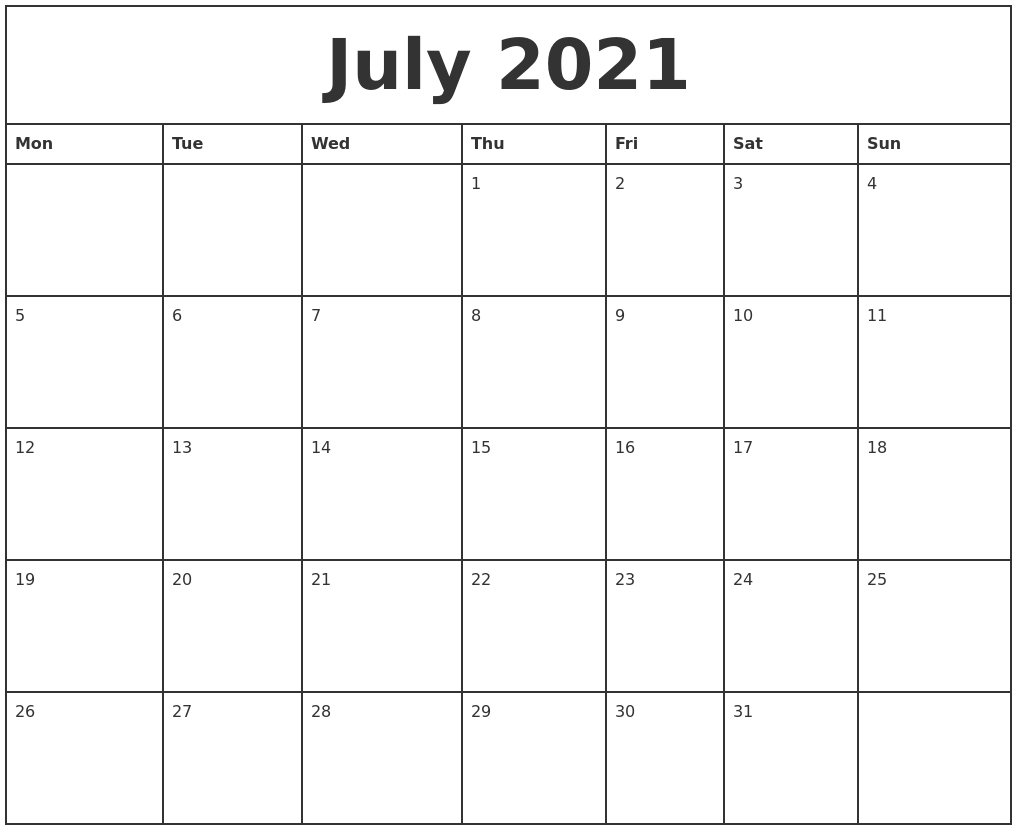 Mon To Sun Calendar June 2021 Print | Printable Calendar