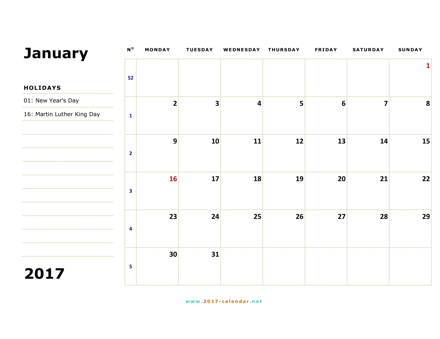 Monthly Calendar Starting With Monday
