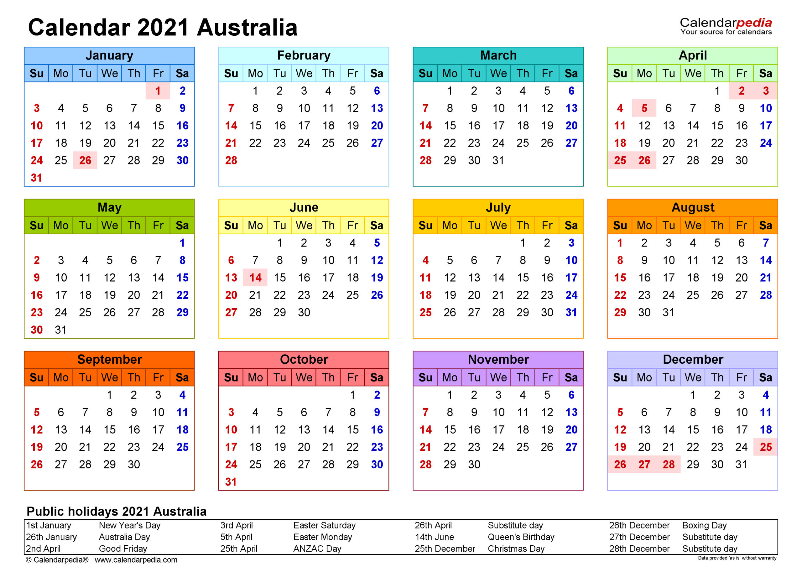 Free Printable 2021 Calendar Australia