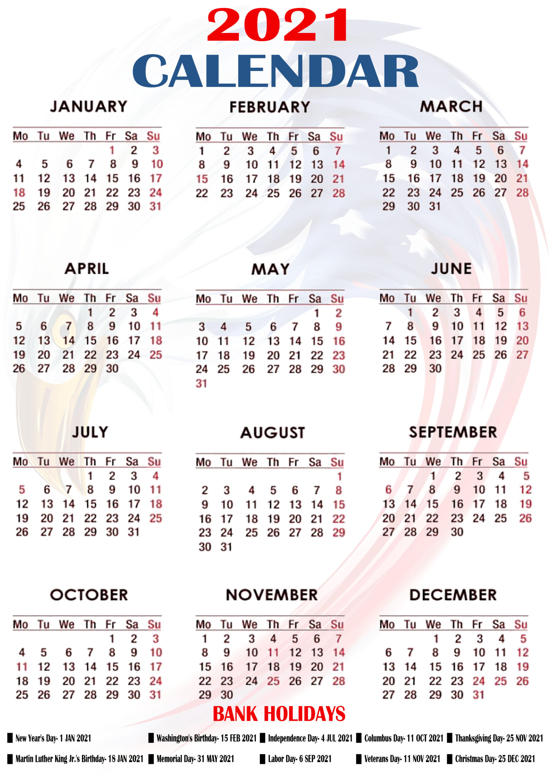 Printable 2021 Us Calendar With Holidays Federal Bank &amp; Observation