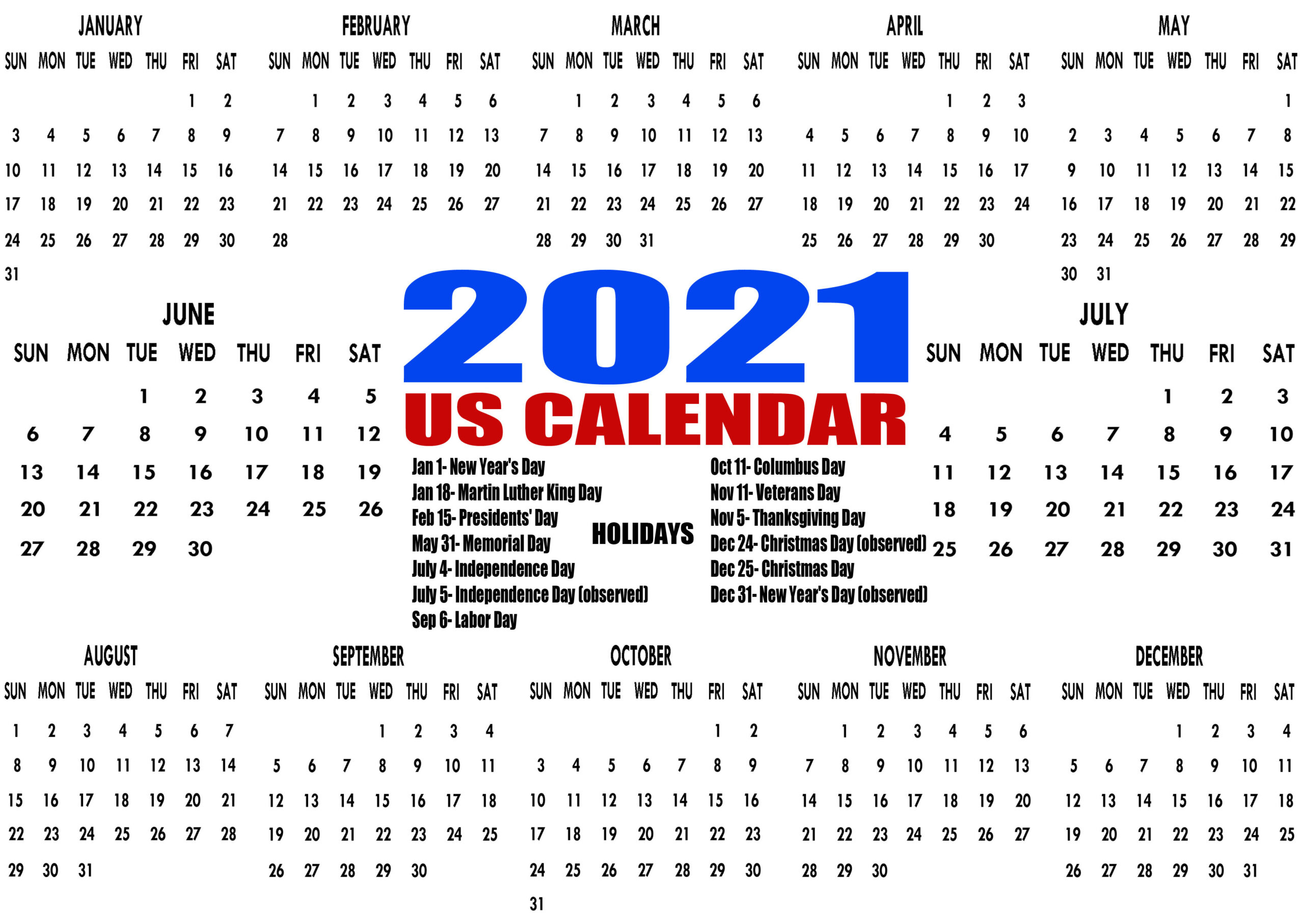 Printable 2021 Us Calendar With Holidays Federal Bank