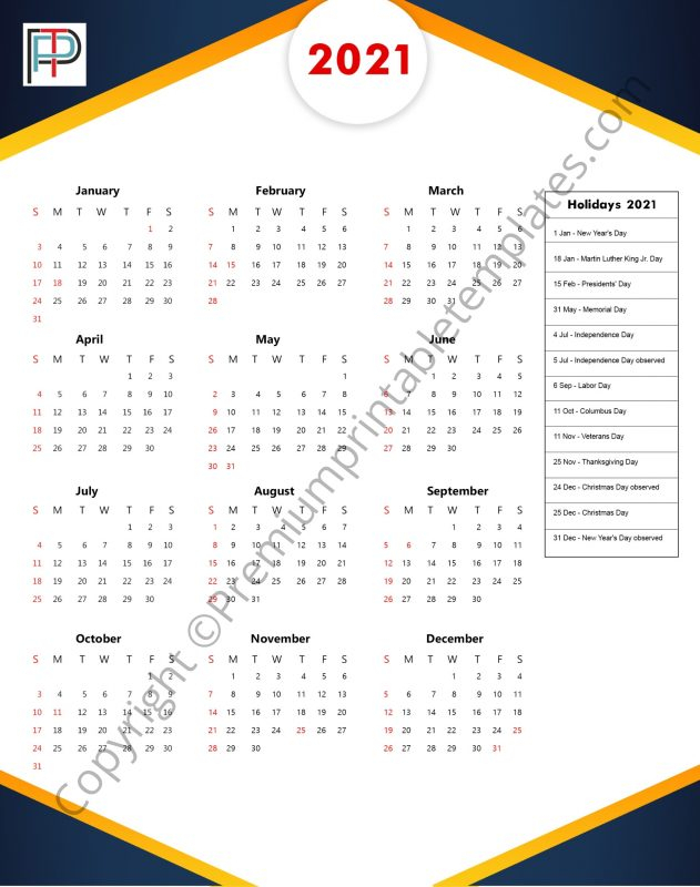 Printable 2021 Yearly Calendar With Holidays In Pdf And