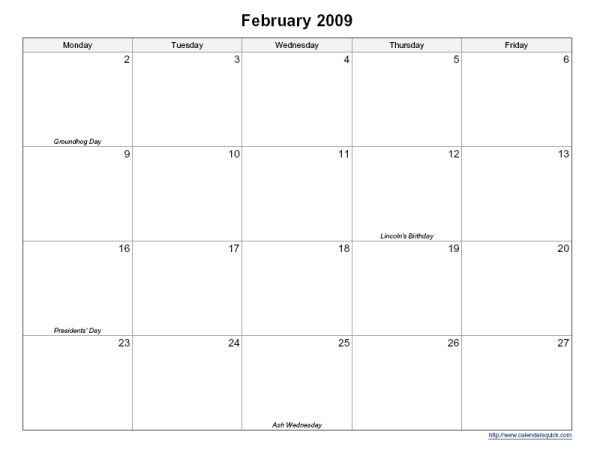 Printable 5-Day Monthly Calendar - Calendarsquick