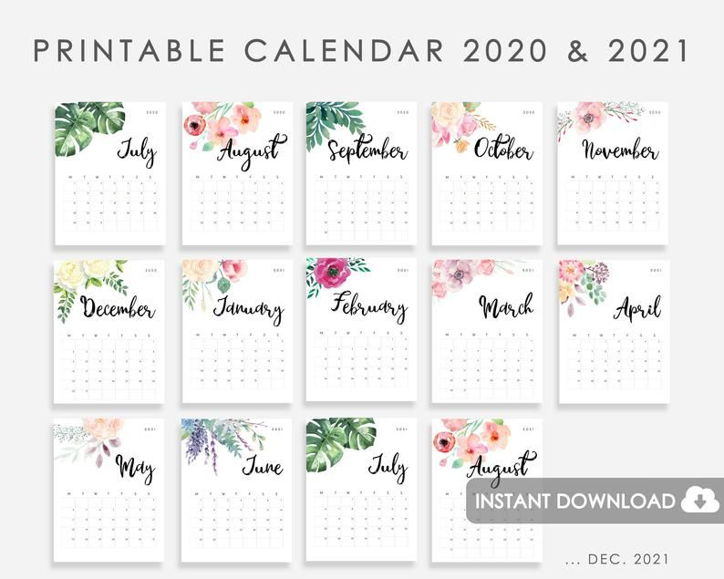 Printable Calendar 2020-2021  Calendar 2020-2021 Printable Watercolor Flowers 2020 2021