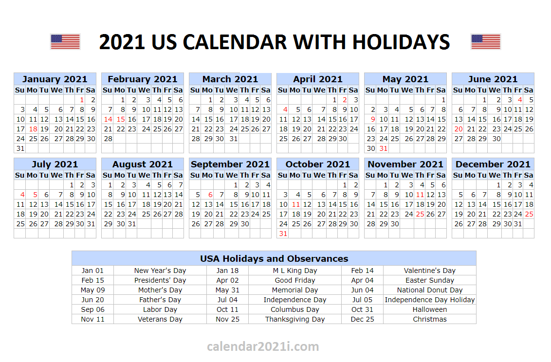 Printable Calendar 2021 With Holidays Usa