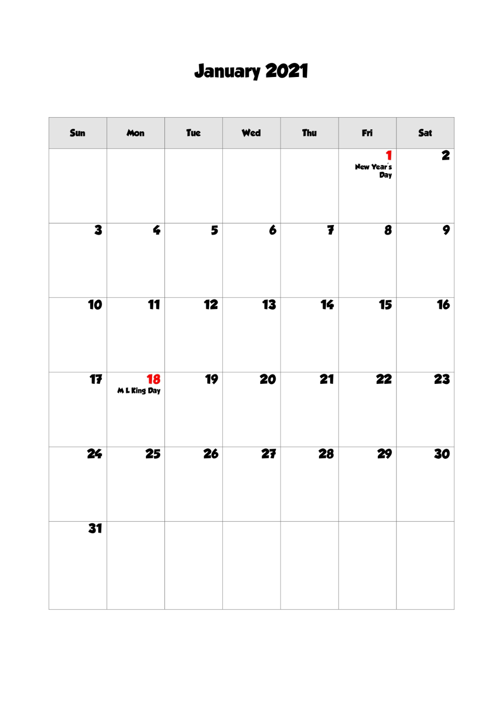 Printable Calendar January 2021 With Holidays Blank