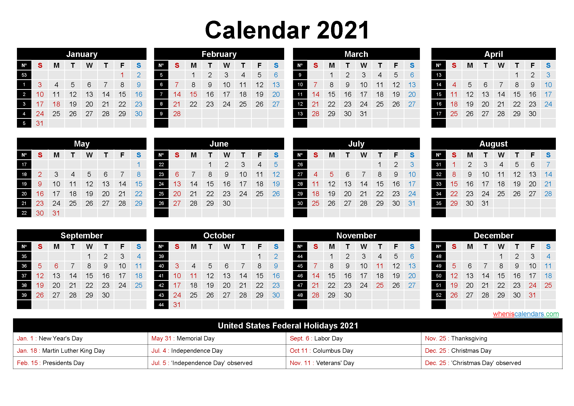 Printable Editable Calendar 2021 Word - Template No.ep21Y7