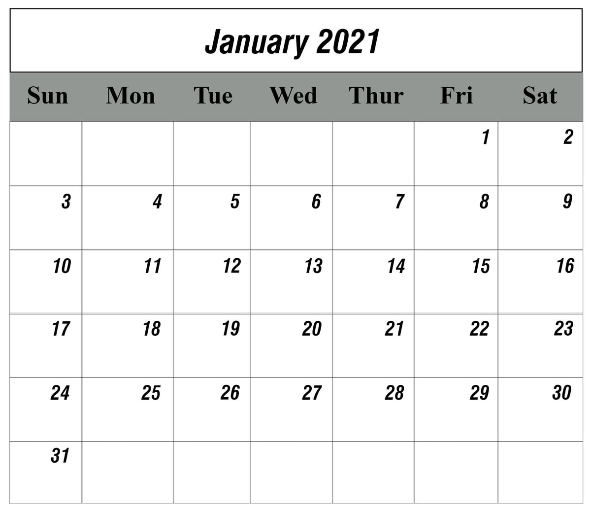 Printable January 2021 Calendar Template - Download Now