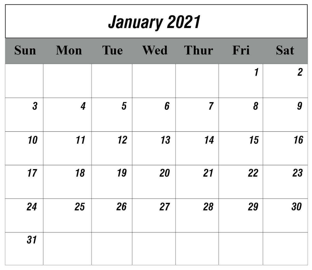 January 2021 Calendar Page Free