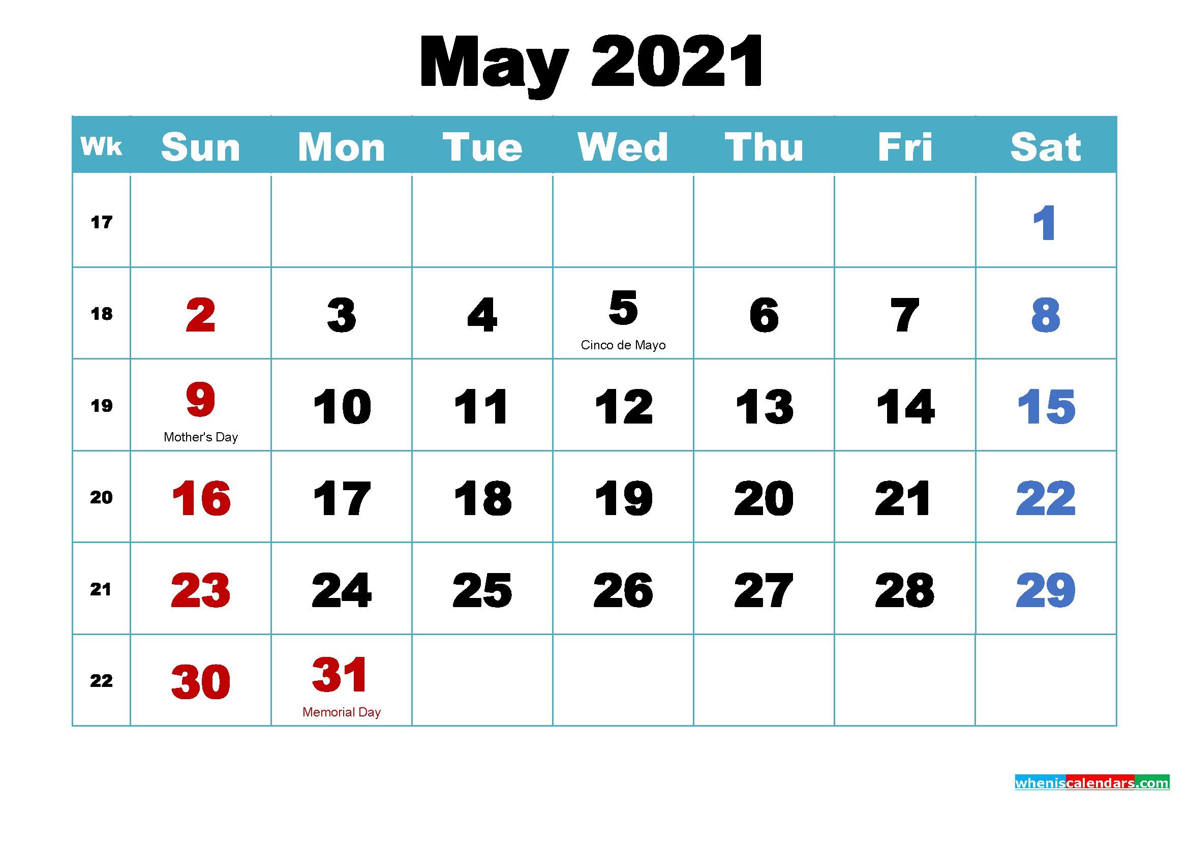 Printable May 2021 Calendar Word