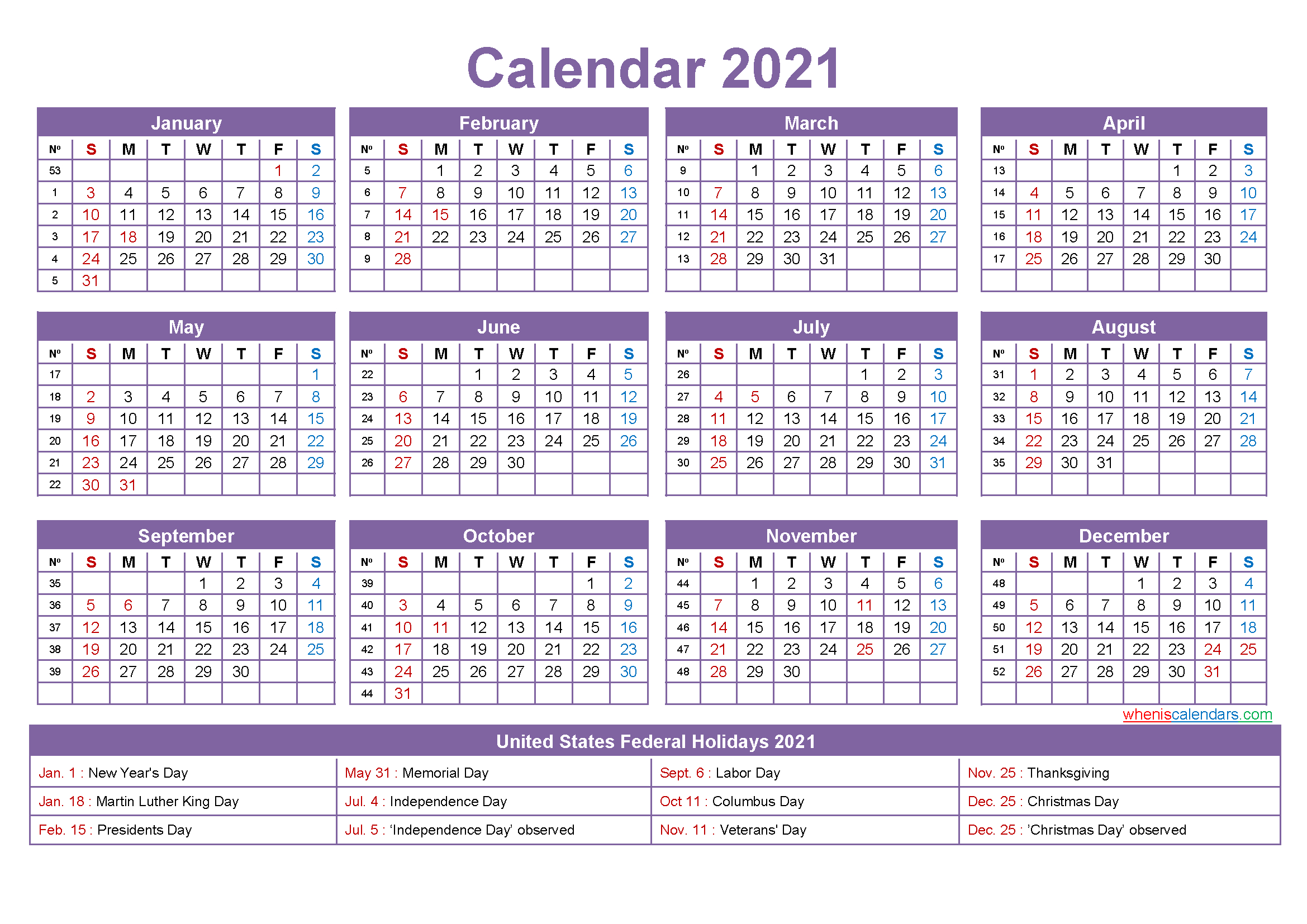 Printable Yearly 2021 Calendar With Holidays Word Pdf