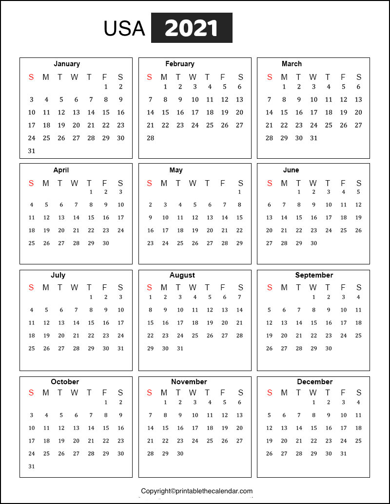 Printable Yearly Calendar With Holidays 2021 | Free Letter