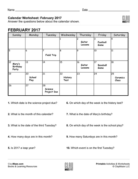 Reading A Calendar Worksheet - C - Childrens Educational