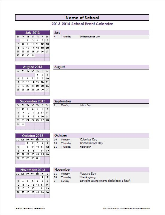 School Calendar Template | Event Calendar Template School