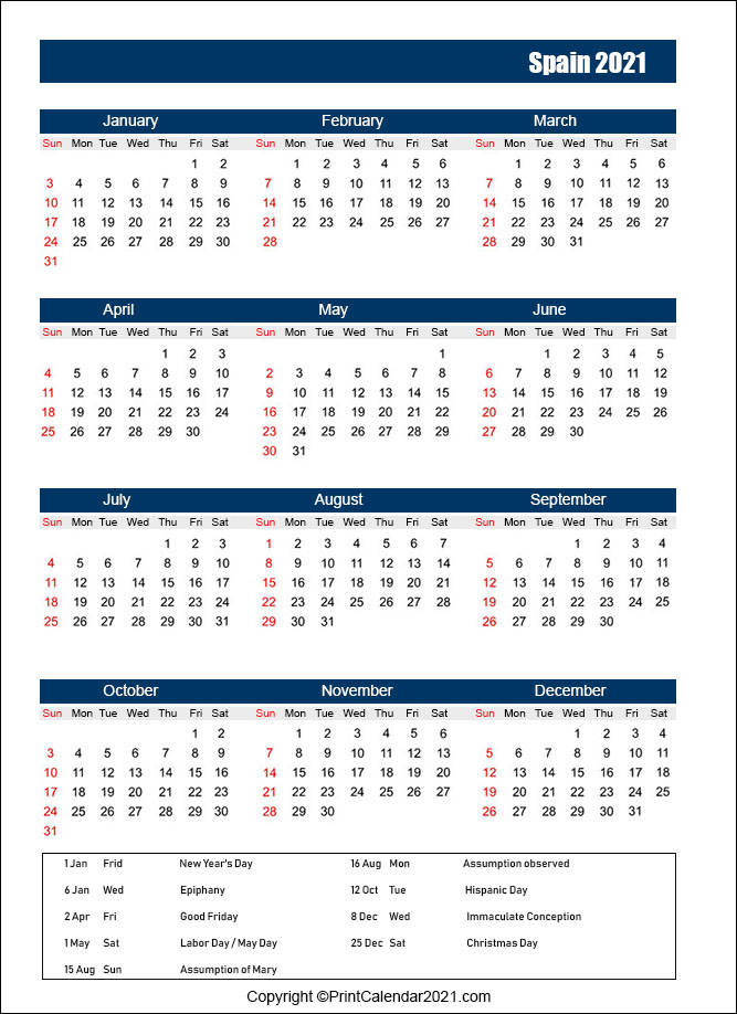 Spain Holidays Calendar 2021