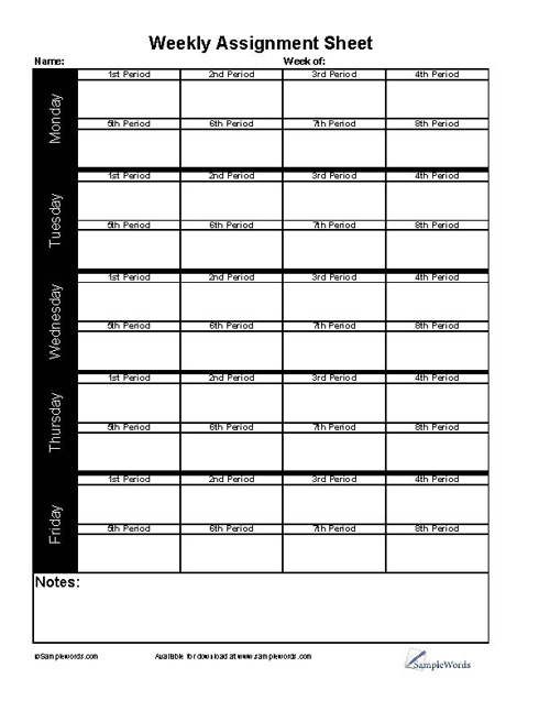 Student Weekly Assignment Sheet - Download Pdf File