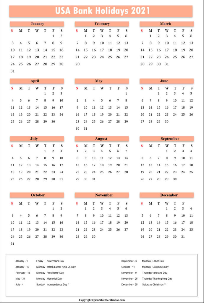 Usa Bank Holidays 2021 | Printable The Calendar