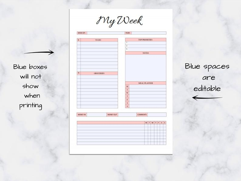 Week At A Glance Printable Weekly Planner Printable Week