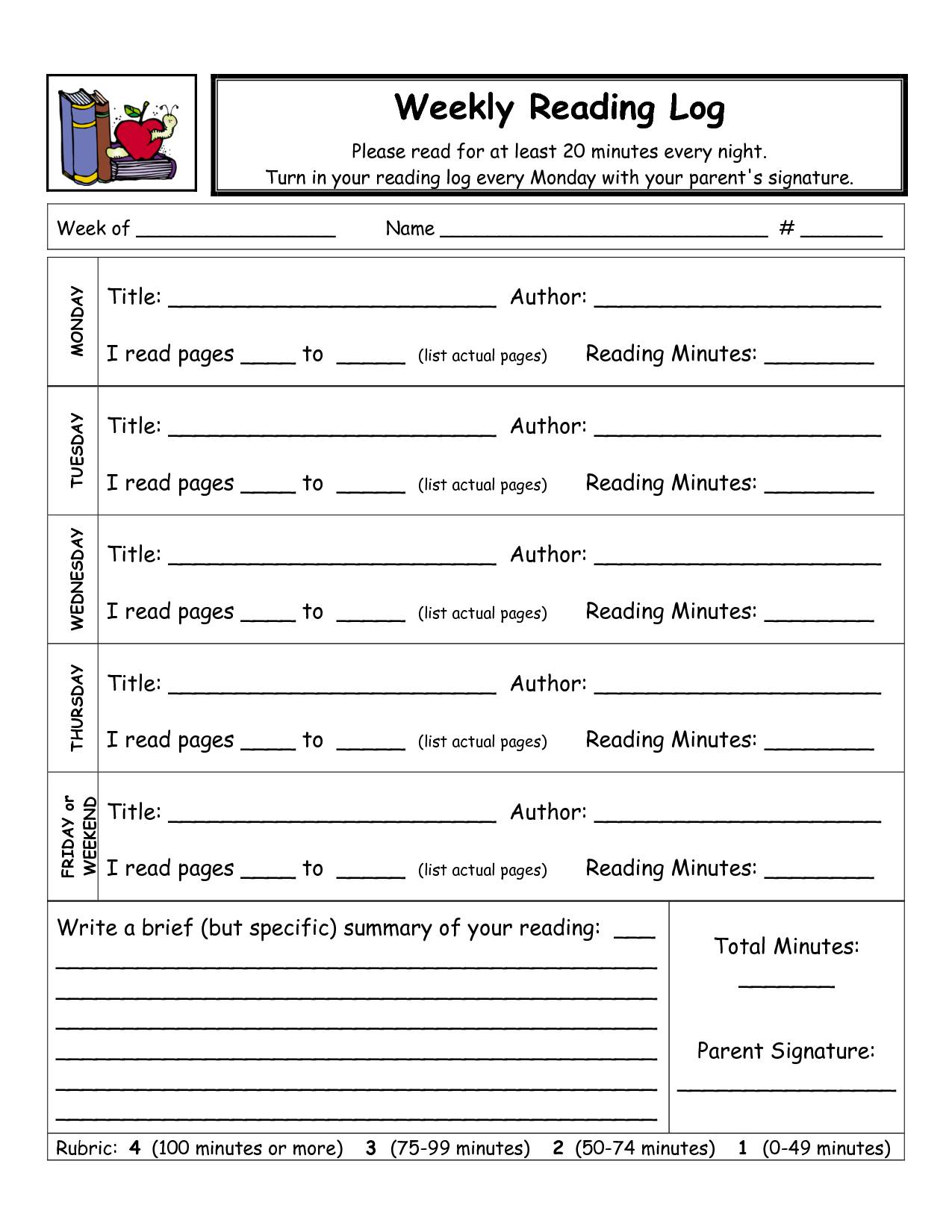 Weekly Reading Log Pdf Picture | Weekly Reading Logs