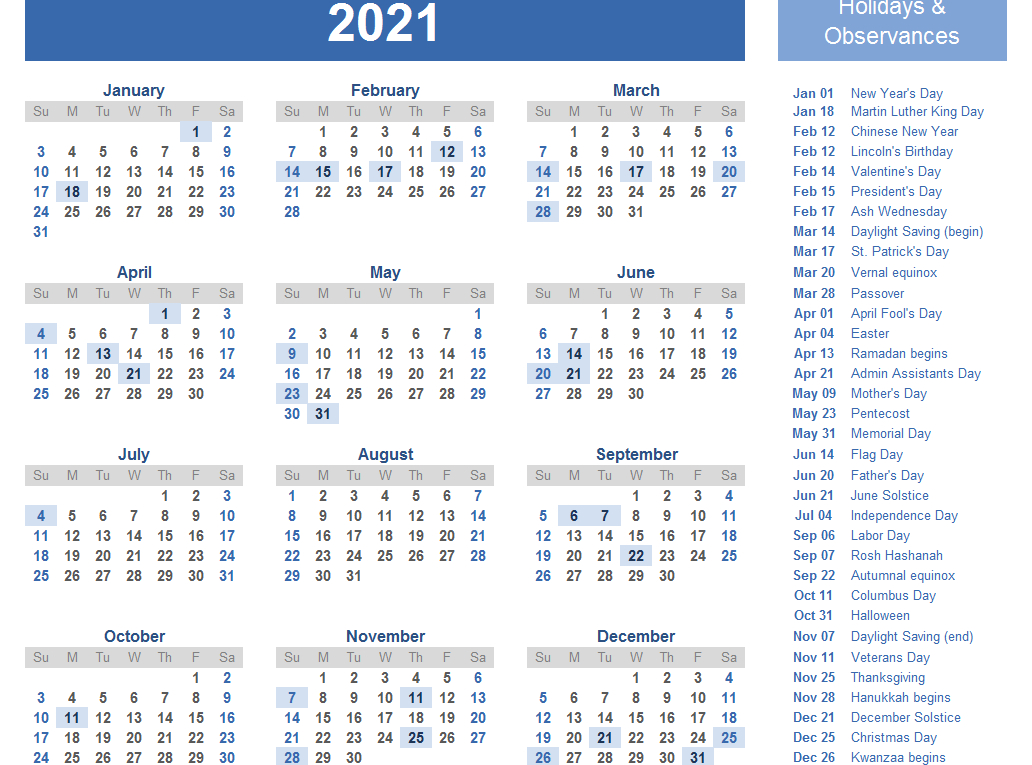 Yearly 2021 Printable Calendar Template - Pdf Word Excel