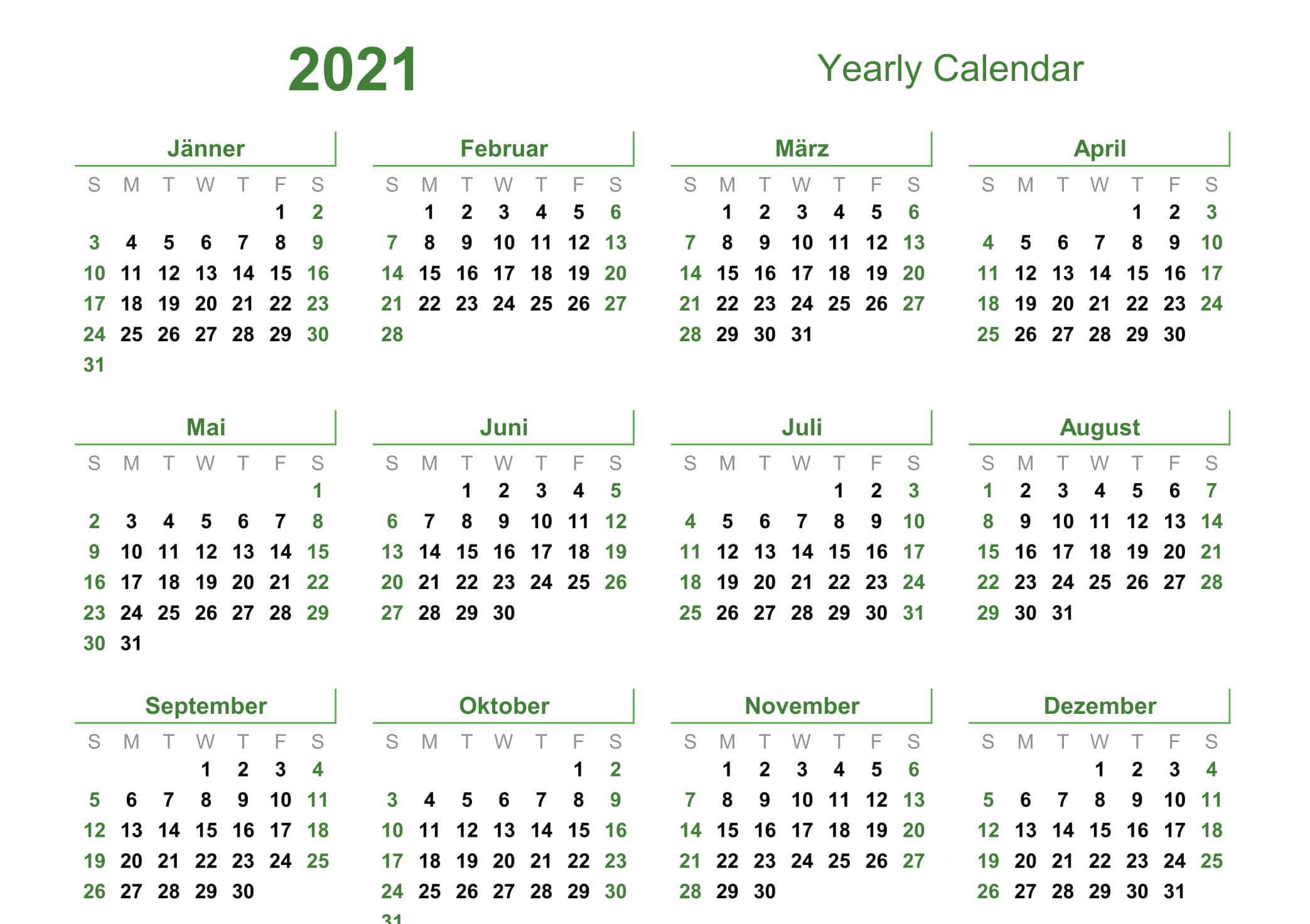 Yearly Calendar With Notes 2021 Editable Template - Set