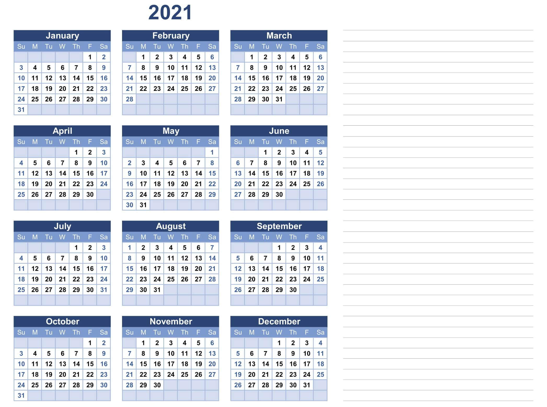 Yearly Calendar With Notes 2021 Editable Template - Set