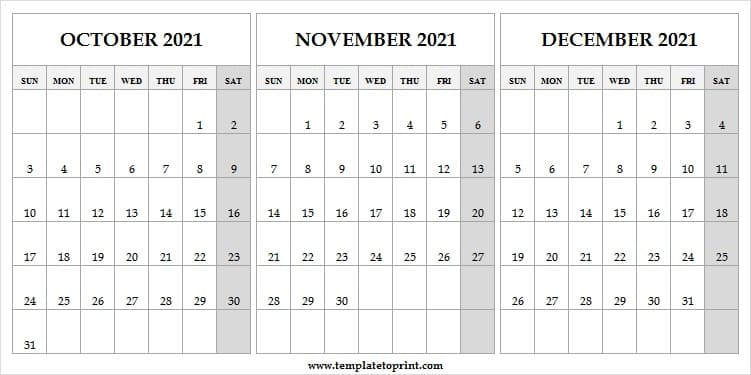 Blank Calendar Template October To December 2021 - 2021